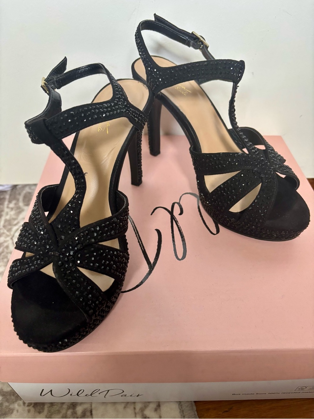 Thalia Sodi Black Crystal Strappy Stiletto Heels